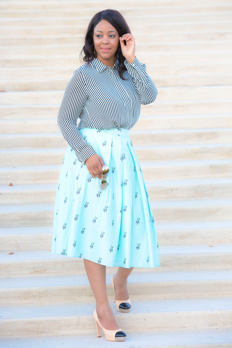 What I'm Wearing: Stripes and pleats, Consolidating My Closet, Get the look: AQUASWISS James Mirrored Aviators - Silver, H&M Striped Long Sleeved Blouse, CATHERINE Catherine Malandrino Matilde Skirt, Chanel Cap Toe Pumps with metal detail