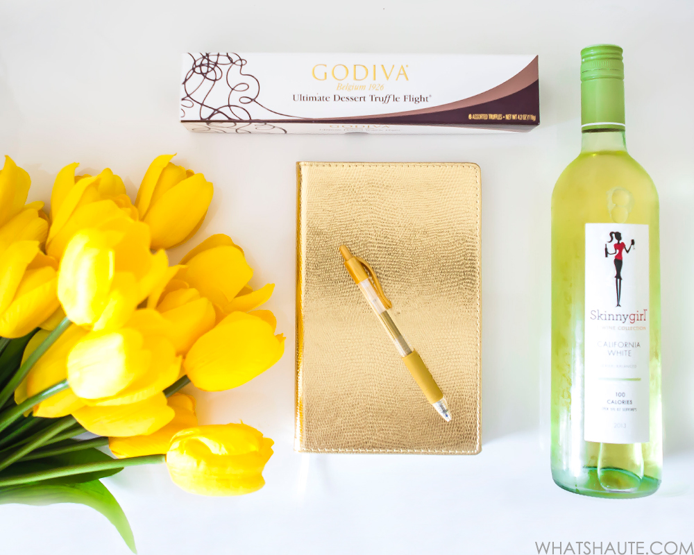 5 (Not) New Year's Resolutions for 2016 - gold journal, tulips, Godiva and Skinnygirl wine flatlay