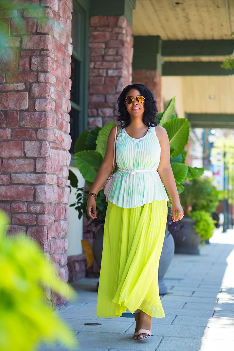 #TBT: Neon Pleated Maxi Dress - Michael Kors Gold Aviator Sunglasses, Pleated Watercolor Print Shell Top, Victoria's Secret Neon Pleated Maxi Dress, IACUCCI Dusty Rose Large Genuine Leather Convertible Clutch/Shoulder Bag, French Connection Women's Katrin Dress Sandal in Blush