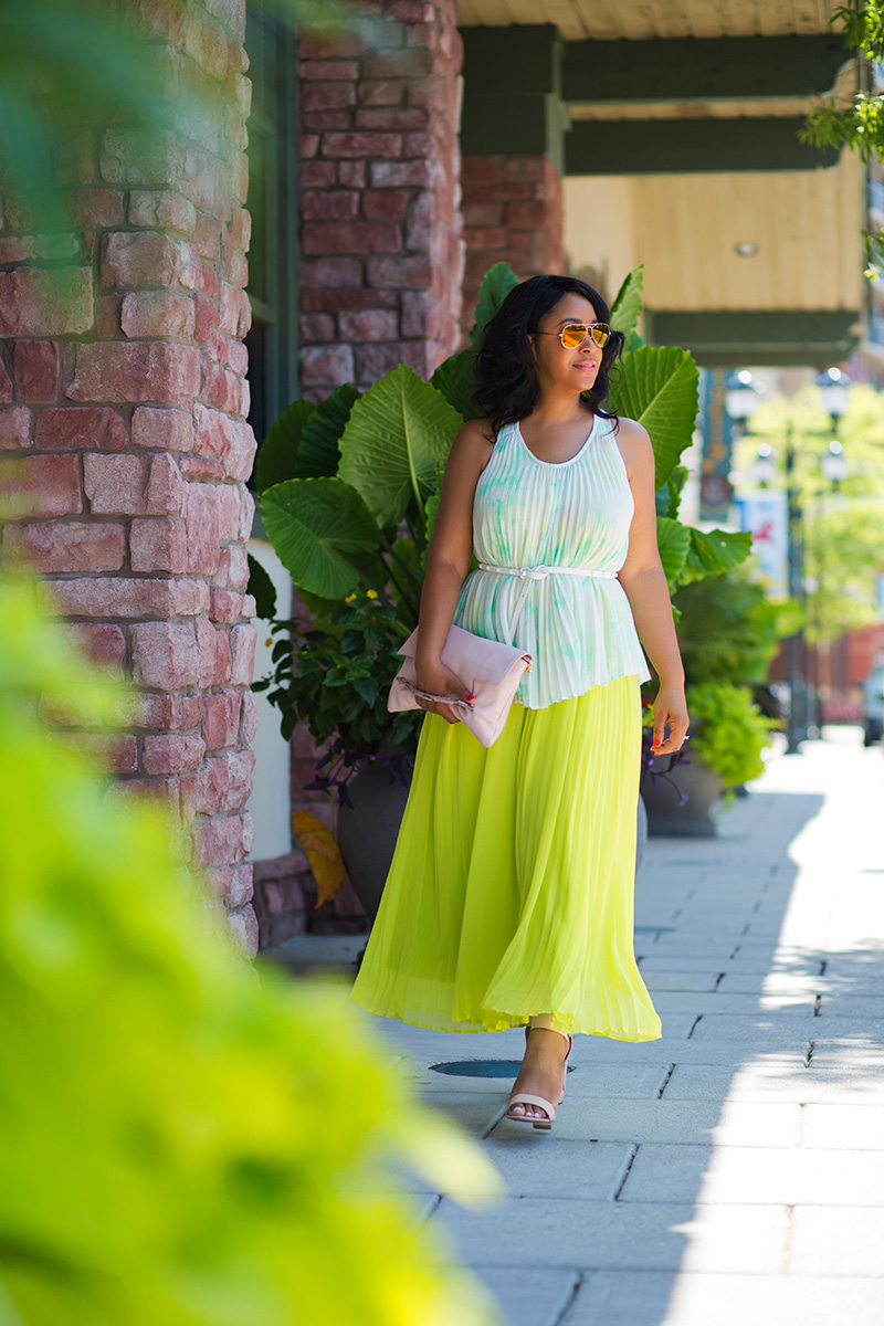 #TBT: Neon Pleated Maxi Dress - Michael Kors Gold Aviator Sunglasses, Pleated Watercolor Print Shell Top, Victoria's Secret Neon Pleated Maxi Dress, IACUCCI Dusty Rose Large Genuine Leather Convertible Clutch/Shoulder Bag, French Connection Women's Katrin Dress Sandal in Blush