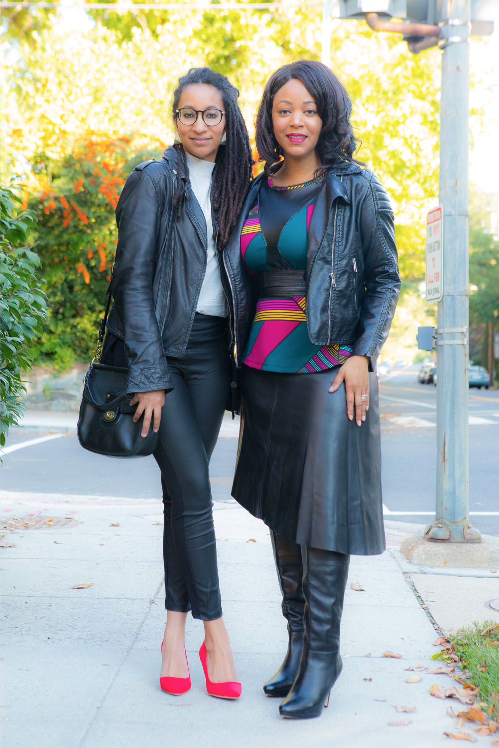 Sisterly Style: What we're wearing - H&M Biker Jacket, Worthington Cap-Sleeve Faux-Leather Peplum Blouse, Worthington Faux-Leather Asymmetrical Skirt, Audrey Brooke Tate Over-the-Knee Boots, Proenza Schouler PS11 Mini Classic, Wilson's Leather Motorcycle Jacket, Coach Crossbody Bag, Sleeveless Mock Neck Top, Banana Republic Sloan Fit Faux Leather Front Skinny Ankle Pant, Express Pointed Toe D'orsay Pump in Red