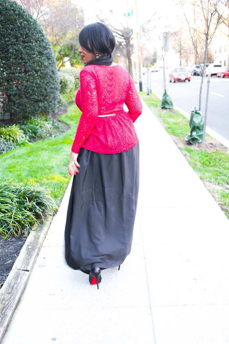 What I'm Wearing: Holiday Leftovers - H&M Red Lace Peplum Top, Joe Fresh Parachute Maxi Skirt, Ignes Bags Gold Leather Wristlet Clutch, Christian Louboutin Pigalle Follies 100 black leather pumps, holiday style, outfit inspiration