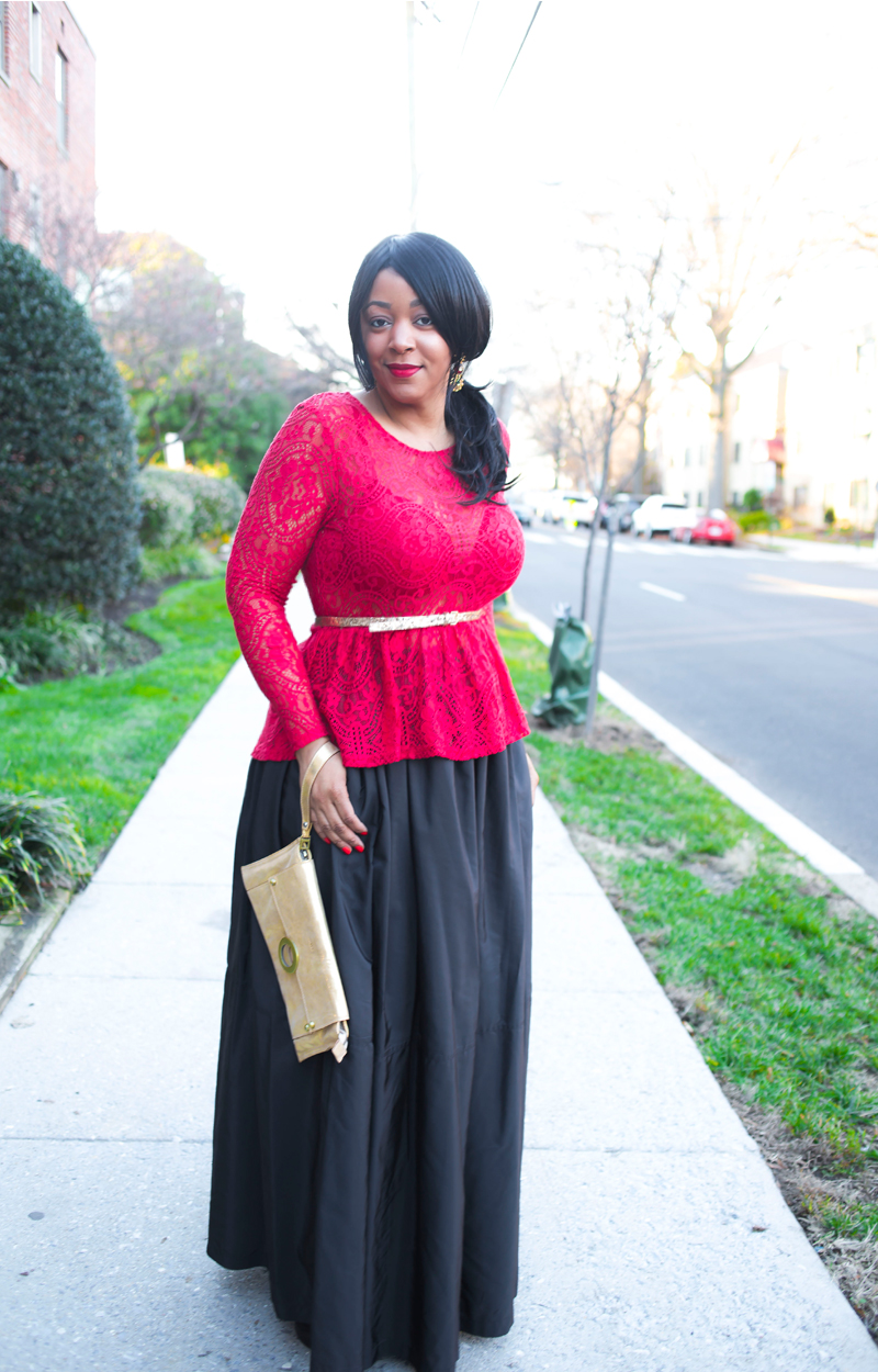 What I'm Wearing: Holiday Leftovers - H&M Red Lace Peplum Top, Joe Fresh Parachute Maxi Skirt, Ignes Bags Gold Leather Wristlet Clutch, Christian Louboutin Pigalle Follies 100 black leather pumps, holiday style, outfit inspiration, gold glitter belt, MAC Riri Woo lipstick