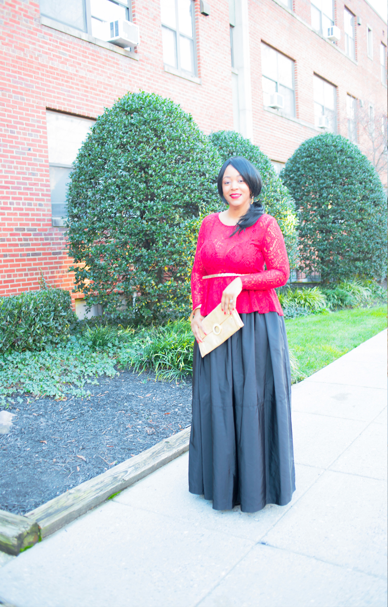 What I'm Wearing: Holiday Leftovers - H&M Red Lace Peplum Top, Joe Fresh Parachute Maxi Skirt, Ignes Bags Gold Leather Wristlet Clutch, Christian Louboutin Pigalle Follies 100 black leather pumps, holiday style, outfit inspiration, gold glitter belt, MAC Riri Woo lipstick
