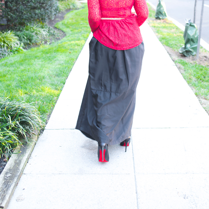 What I'm Wearing: Holiday Leftovers - H&M Red Lace Peplum Top, Joe Fresh Parachute Maxi Skirt, Ignes Bags Gold Leather Wristlet Clutch, Christian Louboutin Pigalle Follies 100 black leather pumps, holiday style, outfit inspiration, red bottoms