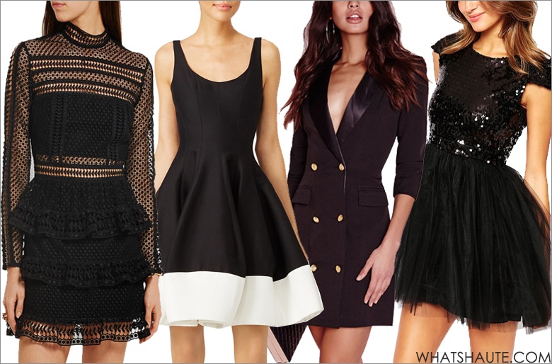 Ask What's Haute: What Do I Wear to My Parisian-Themed 40th Birthday Party? Self-Portrait Tiered guipure lace mini dress, Little Black Dress Carrie Dress With Sequin Top And Tulle Skirt, Missguided long sleeve tuxedo dress, Halston Heritage Silk Faille Tulip Skirt Dress