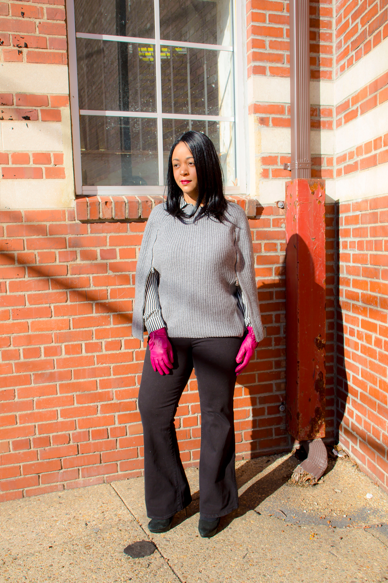 Winter style - Capes, Bows and Flares - What I'm Wearing: BCBGMAXAZRIA Sherwin Poncho Sweater, Charles by Charles David Suede Platform Pumps, Madewell Flea Market Flares - Rollins Wash, H&M Long-sleeved Striped Blouse, Magenta Bow Leather Gloves
