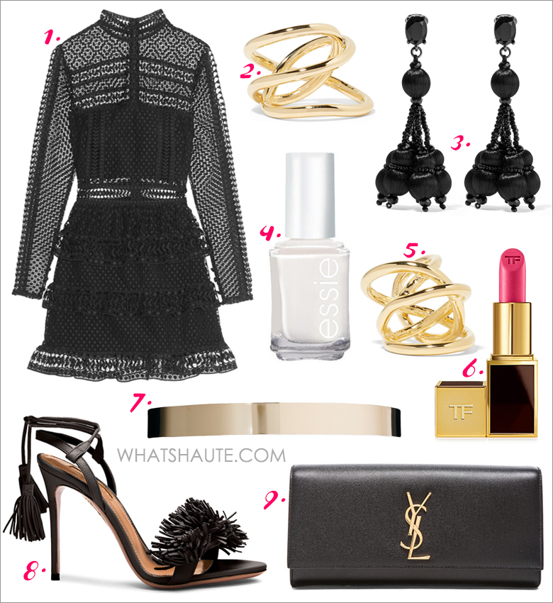 What To Wear to My Parisian-Themed 40th Birthday Party - Parisian luxury: Self-Portrait Tiered guipure lace mini dress, Jennifer Fisher Large Abstract Line gold-plated ring, Oscar de la Renta Tin-plated silk and crystal clip earrings, essie® Nail Color - Marshmallow, Jennifer Fisher Small Abstract Line gold-plated ring, Tom Ford Lip Color, ASOS Ultra Skinny Full Metal Waist Belt, Aquazzura Wild Thing Leather Heels in Black, Saint Laurent Monogram Clutch
