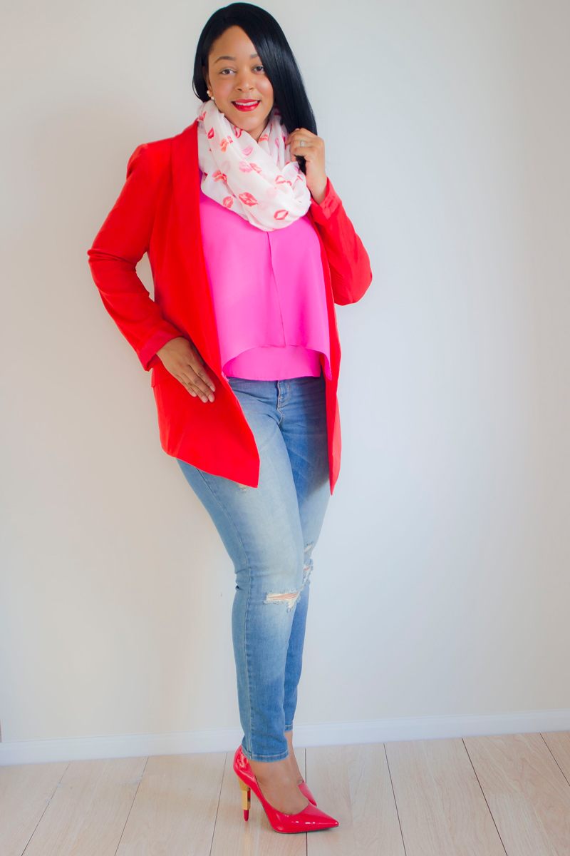 What to Wear This Valentine's Day: Casual Chic - Laundry by Shelli Segal Red Boyfriend Blazer, Hot Pink Tank Top, Manhattan Scarf Company Infinity Lip Print Scarf, Mossimo Mid-Rise Super Skinny Jean Destructed, ShoeDazzle Lipstick Heels