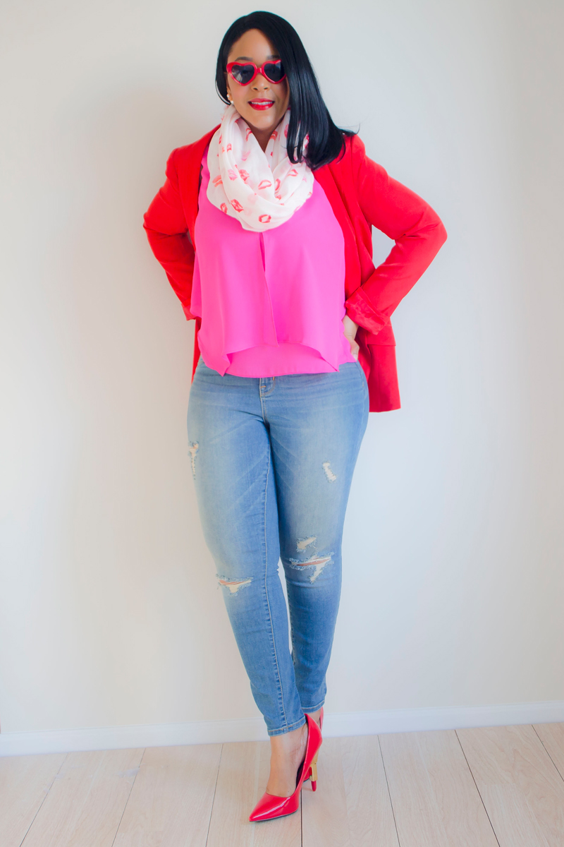 What to Wear This Valentine's Day: Casual Chic - Laundry by Shelli Segal Red Boyfriend Blazer, Hot Pink Tank Top, Manhattan Scarf Company Infinity Lip Print Scarf, Mossimo Mid-Rise Super Skinny Jean Destructed, ShoeDazzle Lipstick Heels