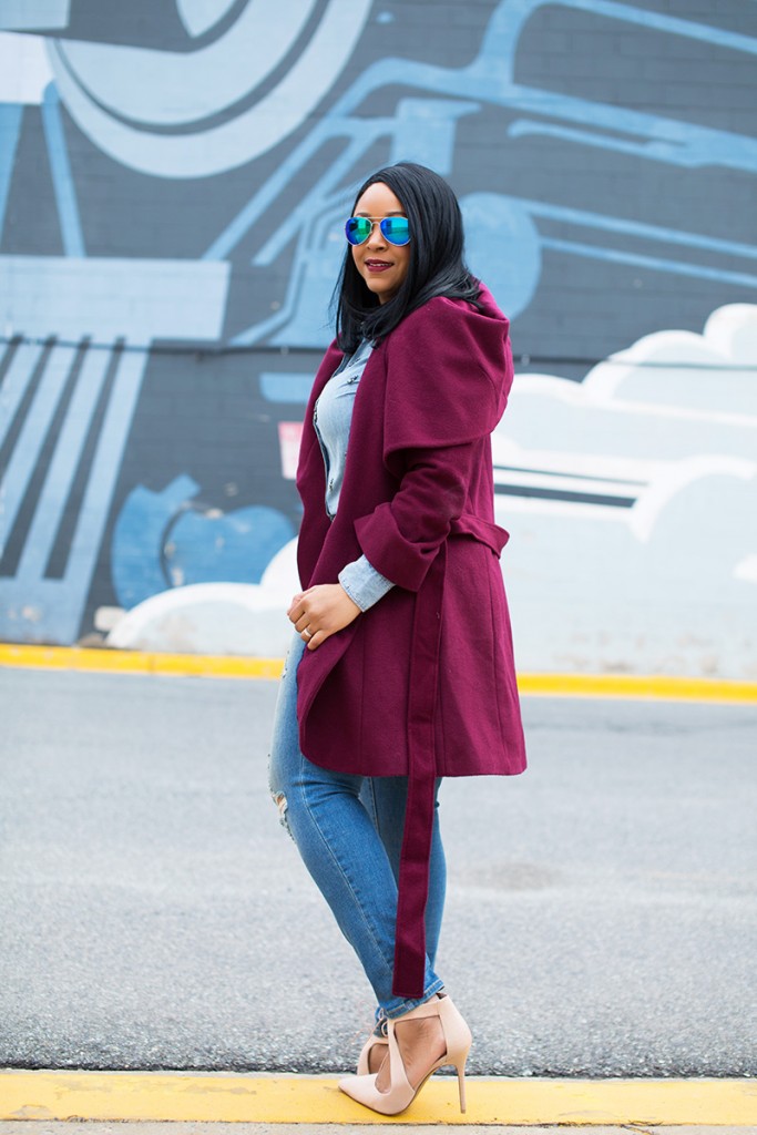 Canadian Tuxedos and Olivia Pope coats, T Tahari Women's Marla Wool Wrap Coat, J.Crew. Blue Boy Shirt in Beaded Chambray, Mossimo Women's High Rise Destructed Jeggings, Topshop Genie Lace-Up Pumps in suede, blue Aviator Sunglasses