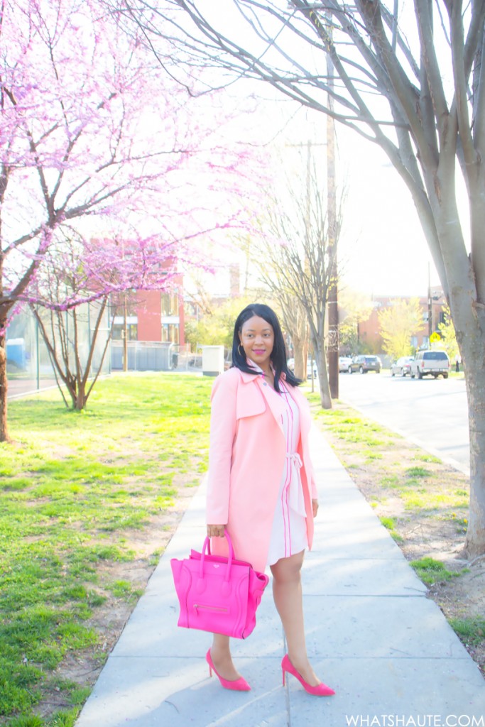 Pink Overload - What I'm Wearing: Mural Open Front, Express Factory Shirt Dress, Celine Leather Luggage Tote in Fluro Pink, Topshop pink Suede Pumps