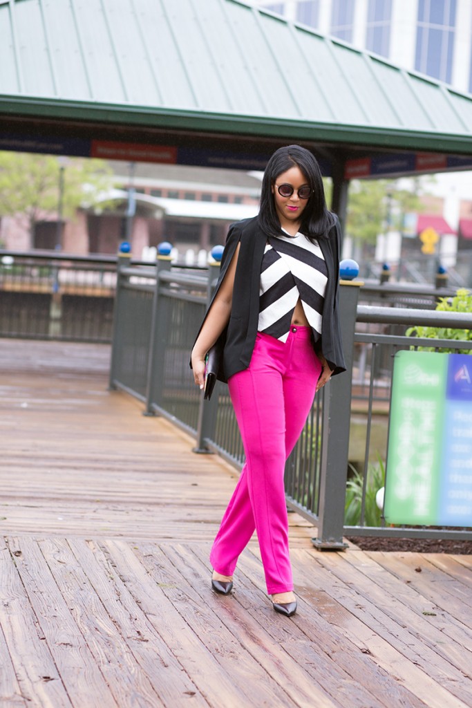 What I'm Wearing: Women's Round Sunglasses, ASOS Stripe Cross Front top, Marina Rinaldi hot pink High Waist trouser pants, Christian Louboutin Pigalle Follies Pointy Toe Pumps, Kate Spade New York Hello Tokyo clutch