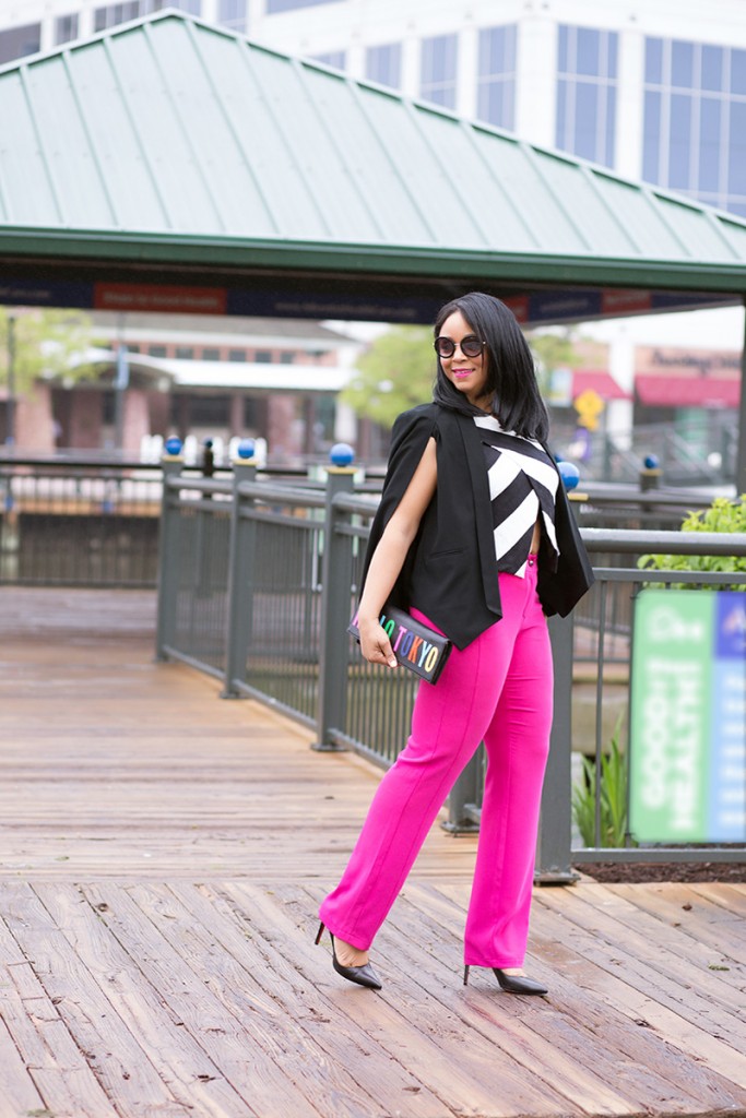 What I'm Wearing: Women's Round Sunglasses, ASOS Stripe Cross Front top, Marina Rinaldi hot pink High Waist trouser pants, Christian Louboutin Pigalle Follies Pointy Toe Pumps, Kate Spade New York Hello Tokyo clutch