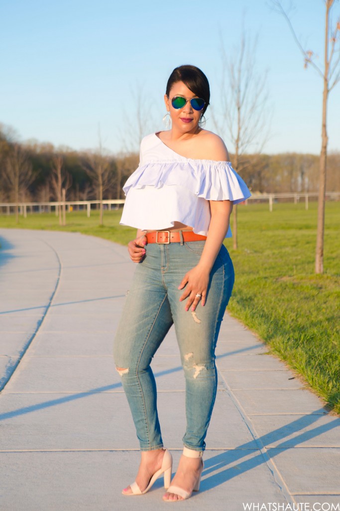Three Trends, One Top: One-shoulder asymmetric ruffle blouse, high-waist distressed denim jeans, Blue Mirrored Aviators, French Connection Katrin Leather Sandals