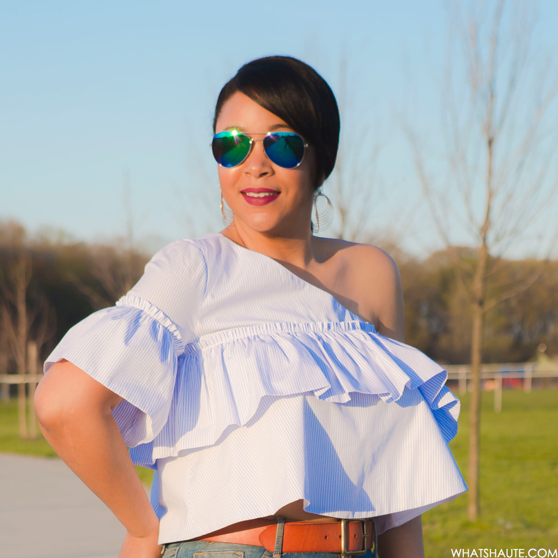 Three Trends, One Top: One-shoulder asymmetric ruffle blouse, high-waist distressed denim jeans, Blue Mirrored Aviators, French Connection Katrin Leather Sandals
