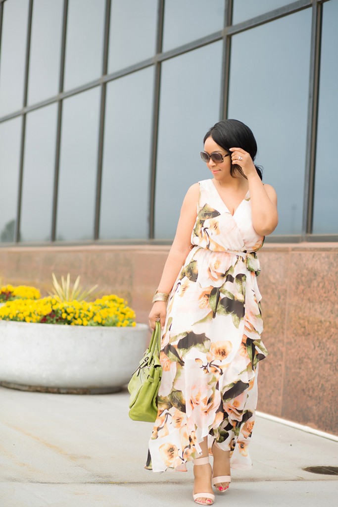 What's Haute / What I'm Wearing: Sangria Chaya Floral Faux-Wrap Maxi Dress, Leonello Borghi Luna Medium Satchel, Gold Women's Cuff Bracelet with Casted Leaf from Target, French Connection Katrin Dress Sandal, outfit of the day, floral dresses
