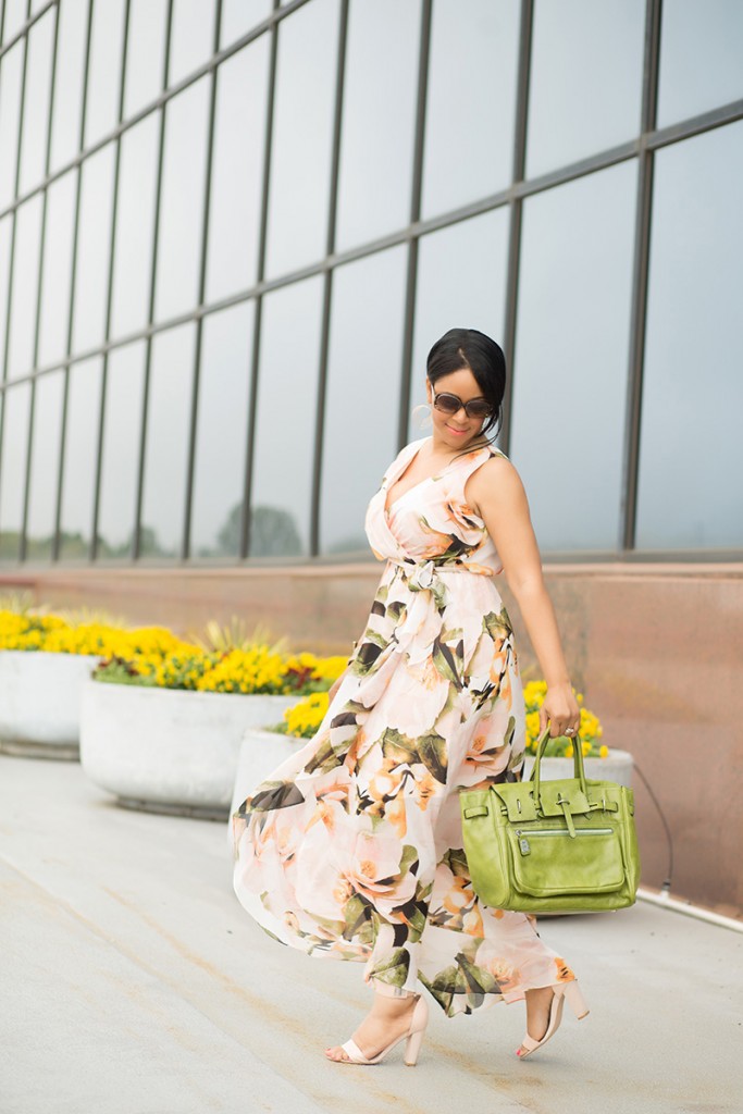 What's Haute / What I'm Wearing: Sangria Chaya Floral Faux-Wrap Maxi Dress, Leonello Borghi Luna Medium Satchel, Gold Women's Cuff Bracelet with Casted Leaf from Target, French Connection Katrin Dress Sandal, outfit of the day, floral dresses