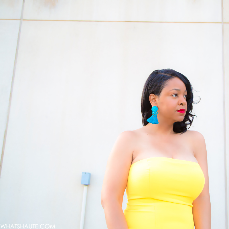 A Bright, Sunshiny Birthday Dress - What I'm Wearing: Jay Godfrey yellow Sunflower Thompson Dress c/o Rent the Runway, H&M turquoise Earrings with Tassels, Zara red patent leather bow peep toe heels
