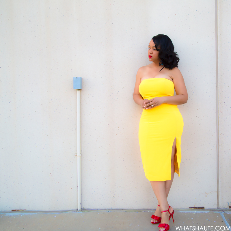 A Bright, Sunshiny Birthday Dress - What I'm Wearing: Jay Godfrey yellow Sunflower Thompson Dress c/o Rent the Runway, H&M turquoise Earrings with Tassels, Zara red patent leather bow peep toe heels