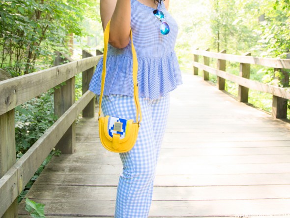 Gingham and Glow: What I'm Wearing - Blue Mirrored Aviator Sunglasses, Old Navy Gingham Peplum Cami, Old Navy Gingham Pants, West/Feren Berkshire Bag, Rockport Caged Sandals