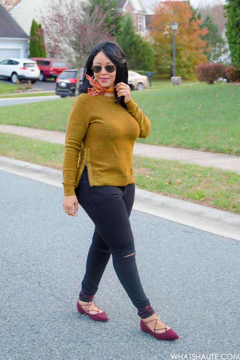Post Holiday Sparkle - What I'm Wearing, Ray-Ban Aviator Large Metal Sunglasses, Mila & Such Playful Scarf, H&M Fine-knit Sweater, Topshop Moto 'Leigh' Ripped Skinny Jeans, Lace-Up Ghillie Flats