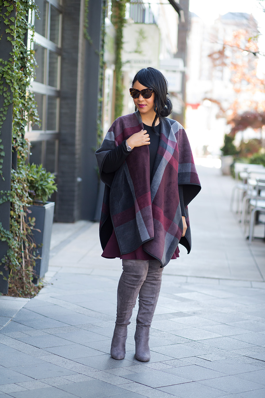 A case for Cold Weather capes: Costco wool print cape, Gap Long Sleeve Crew Tee, LOFT skirt, Grey Over the Knee Boots, House of Harlow Chelsea sunglasses, outfit of the day