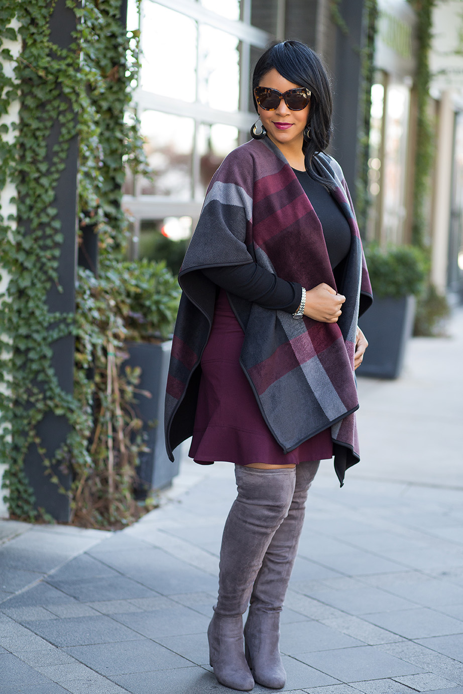 A case for Cold Weather capes: Costco wool print cape, Gap Long Sleeve Crew Tee, LOFT skirt, Grey Over the Knee Boots, House of Harlow Chelsea sunglasses, outfit of the day