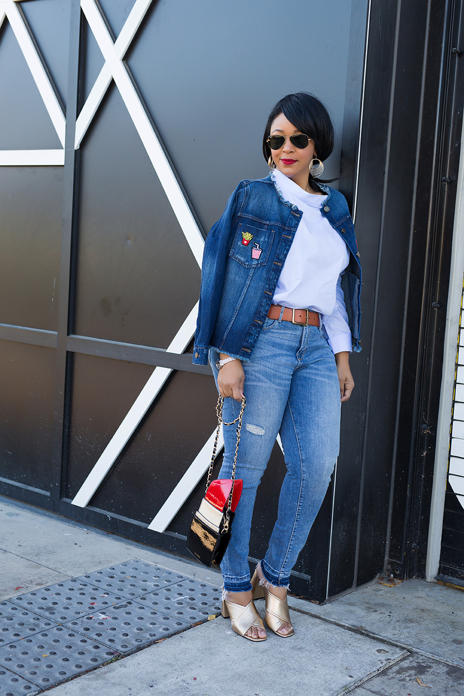Finding fun this February - What I'm Wearing: charming Charlie Waved Layer Dangle Earrings, Zara Blouse with Asymmetric Neckline, Who What Wear collection Raw Edge Denim Jacket, Mossimo High-rise Skinny Jeans, Topshop Gold Mules Aldo Portland Lipstick bag