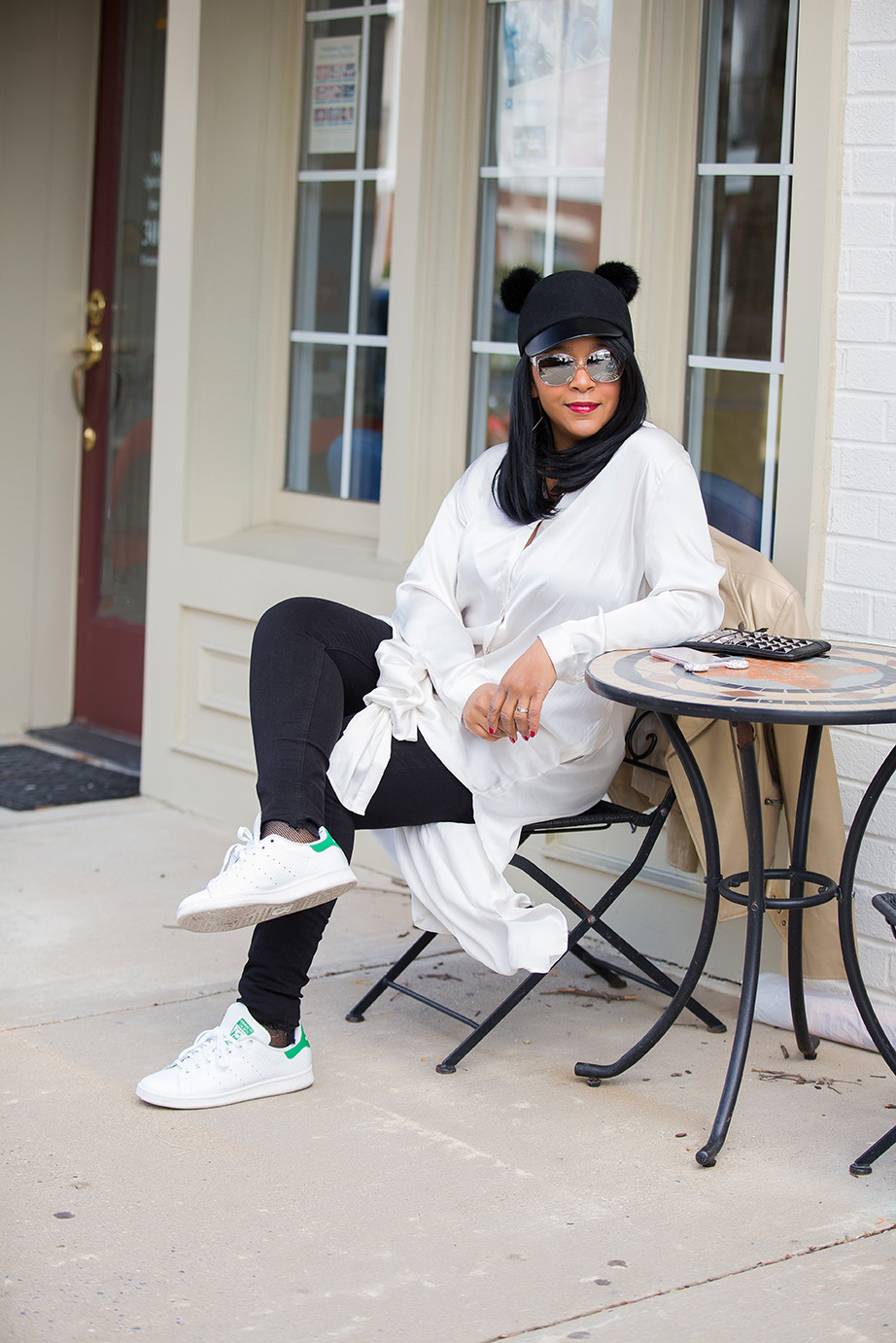 What's Haute Closet: Sometimes you just wanna kick up & kick off your heels: H&M Wool Hat with fur ball cat ears, H&M maxi shirt, adidas Stan Smith sneakers, Topshop Step Hem Jeans, Fishnet Socks, CNC by Costume National Studded Wristlet Clutch, gold leather moto jacket