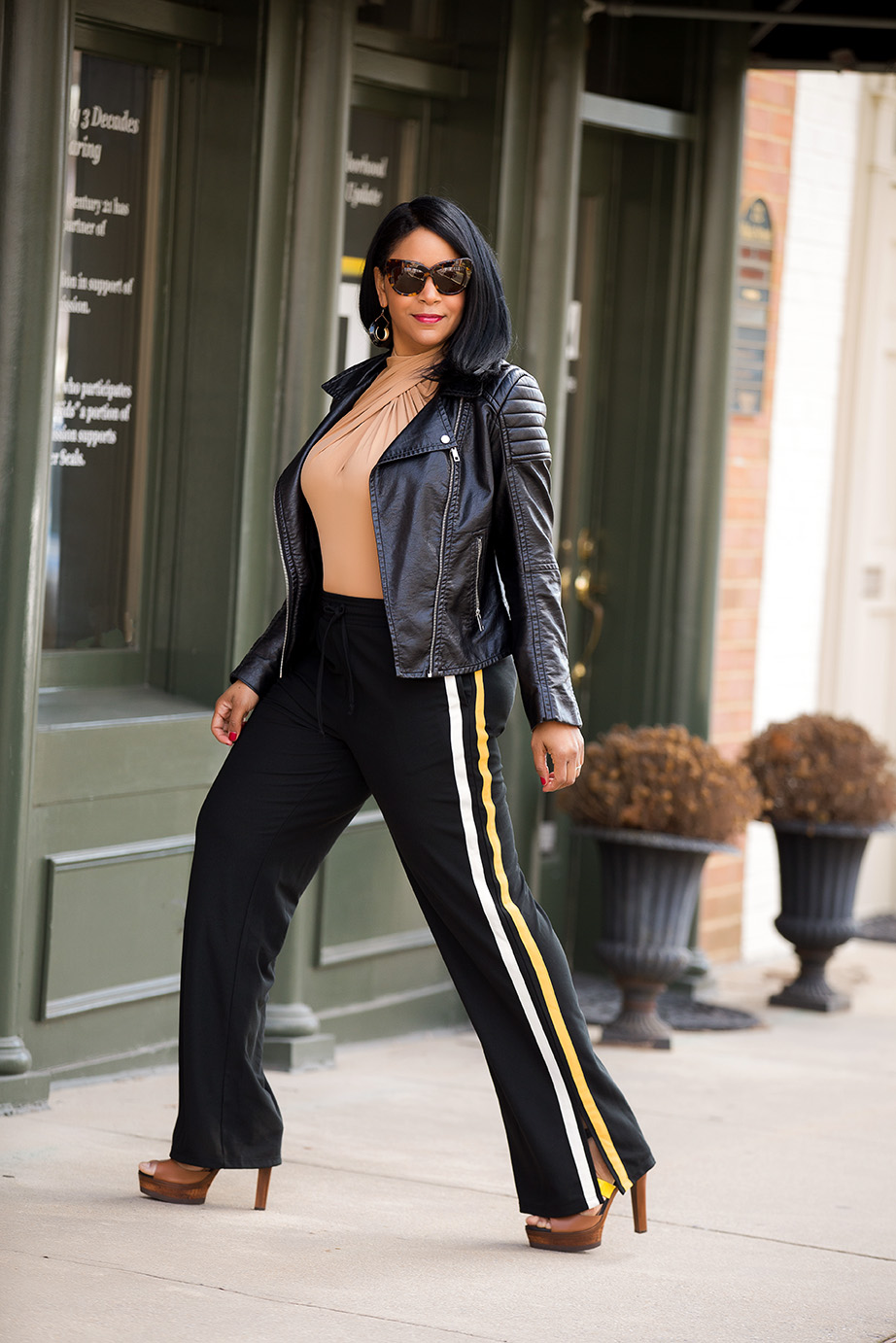 What’s Haute, What’s Haute Closet, A Good Sport - What I’m Wearing: H&M Biker Jacket, H&M Draped Bodysuit, Who What Wear Women’s Track Pant with Side Stripe, Jimmy Choo Samos Leather And Wood Platform Sandals, athleisure, athletic style, being a good sport, inspiration