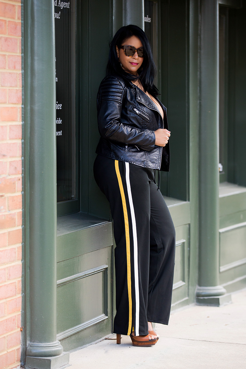 What’s Haute, What’s Haute Closet, A Good Sport - What I’m Wearing: H&M Biker Jacket, H&M Draped Bodysuit, Who What Wear Women’s Track Pant with Side Stripe, Jimmy Choo Samos Leather And Wood Platform Sandals, athleisure, athletic style, being a good sport, inspiration