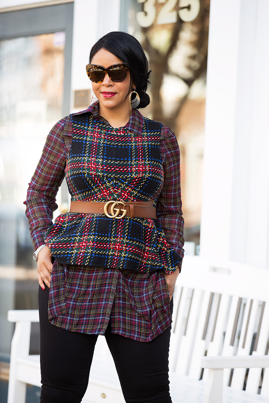 Style in a Cinch: What I'm Wearing - ASOS Tartan Peplum Top, Sheer Plaid Shirt, Gucci Ayers Leather belt with double G buckle, Topshop Step Hem Jeans, Christian Louboutin Pigalle 100 black leather pumps, What's Haute