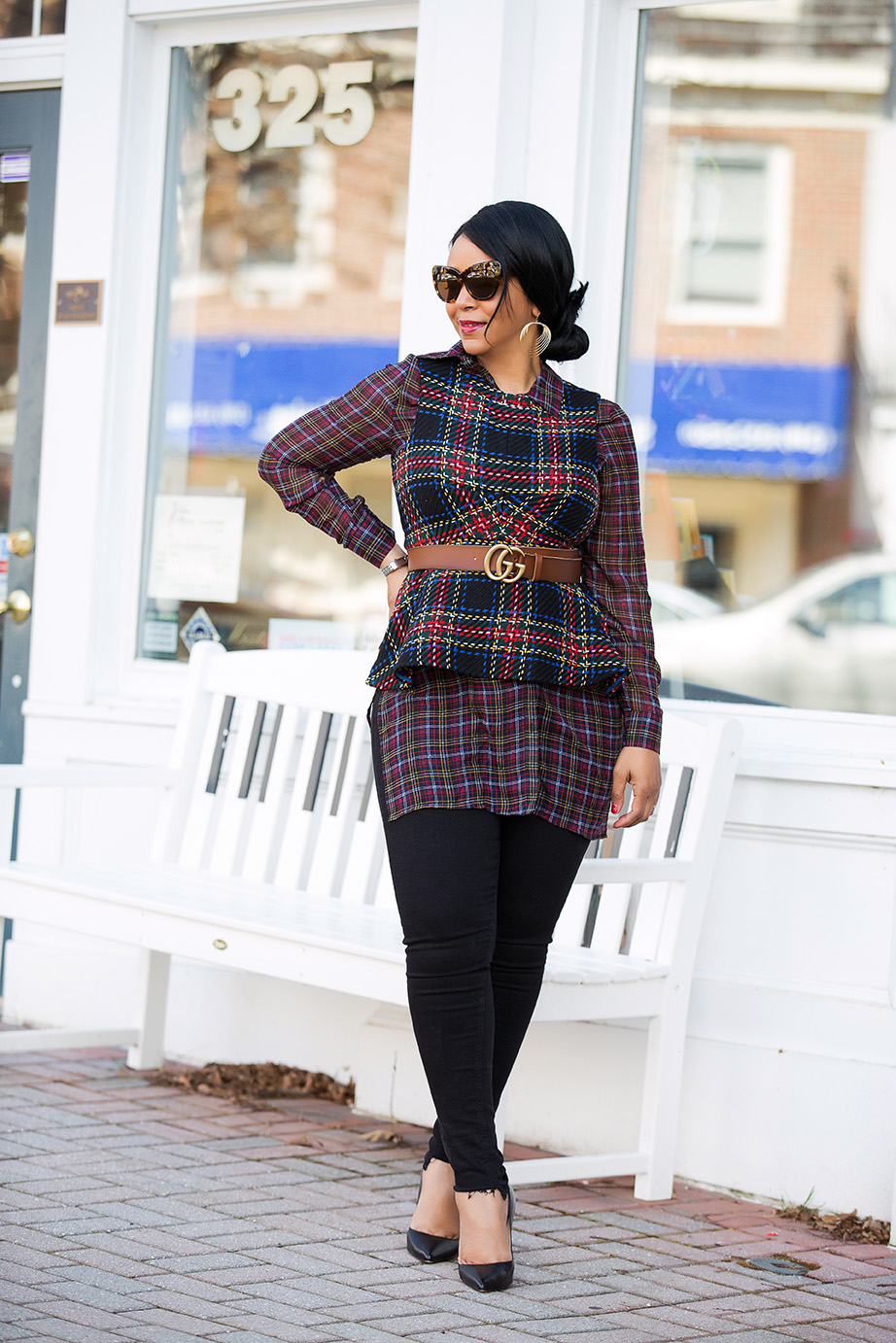 Style in a Cinch: What I'm Wearing - ASOS Tartan Peplum Top, Sheer Plaid Shirt, Gucci Ayers Leather belt with double G buckle, Topshop Step Hem Jeans, Christian Louboutin Pigalle 100 black leather pumps, What's Haute