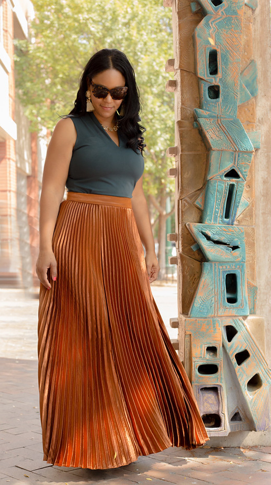 Party Skirts for Every Occasion, What I'm Wearing: Philosophy Apparel top, New York & Company Pleated Maxi Skirt - Copper, Steve Madden Jaylen Wedge Sandal - Cognac Suede/Leather, What's Haute, Holiday Party Skirts