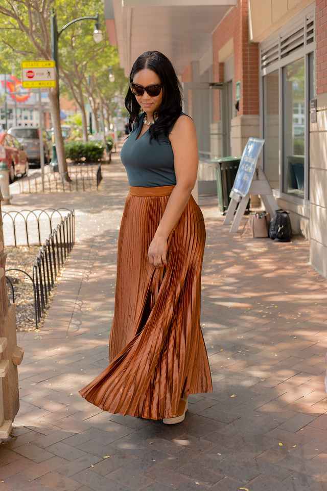 Party Skirts for Every Occasion, What I'm Wearing: Philosophy Apparel top, New York & Company Pleated Maxi Skirt - Copper, Steve Madden Jaylen Wedge Sandal - Cognac Suede/Leather, What's Haute, Holiday Party Skirts