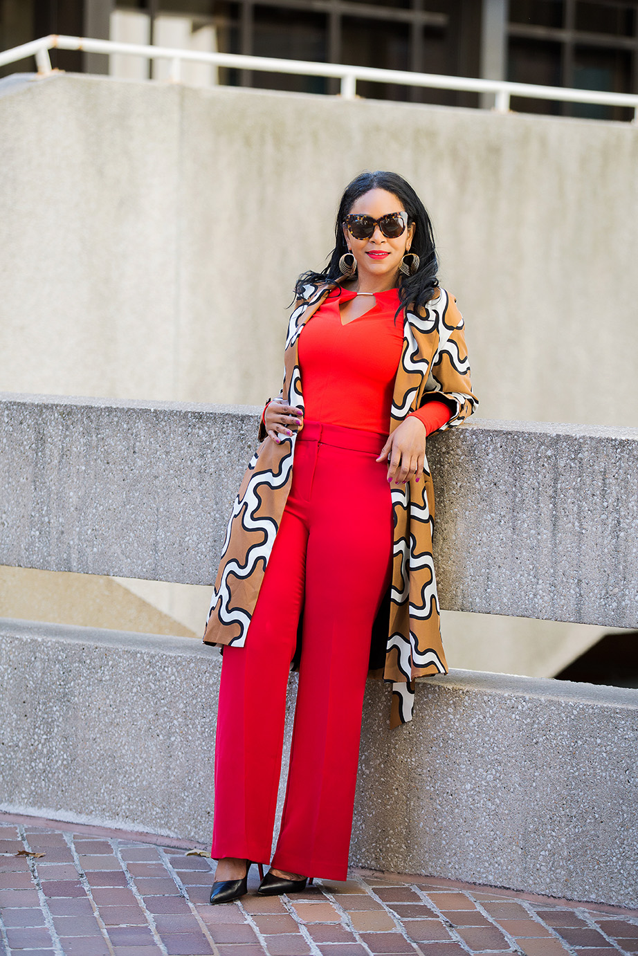Four Ways to Tackle Mondays Like a Boss / What I'm Wearing: DvF Squiggle Print Trench coat, orange H&M Bodysuit, red H&M Suit Pants, Christian Louboutin Pigalle Pumps