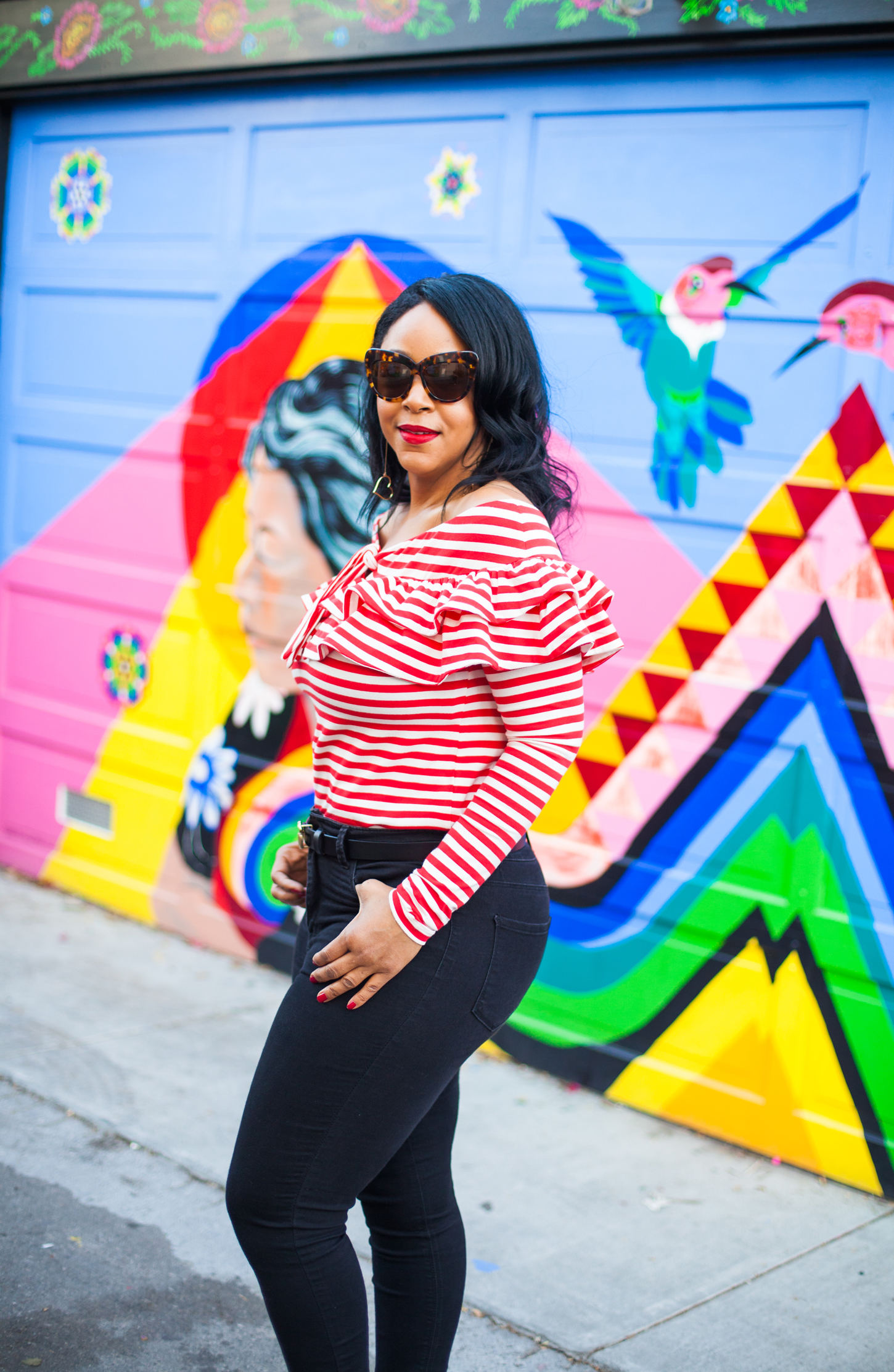 What's Your Mission? (Outfit details: H&M off-the-shoulder top in red & white stripe / Forever 21 High-Waisted Skinny Jeans / Gucci belt / Kiltie Nine West Govern d'Orsay Loafers) - Mission District, San Francisco