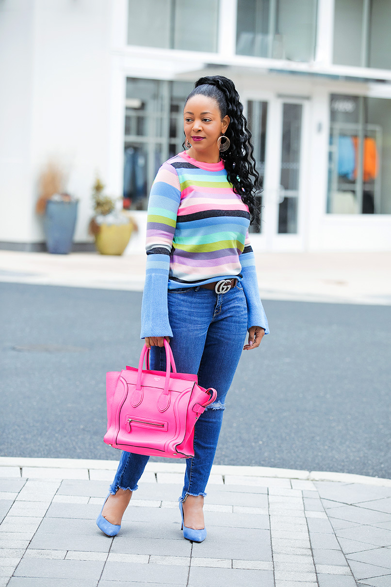 What's Haute outfit of the day: ASOS Sweater with Multi Stripe and Fluted Sleeves (and pastel rainbow stripes), Mossimo Light Wash Curvy Skinny Jeans with Knee Slits & Uneven Raw Hem, Gucci GG Marmont leather belt, Banana Republic Womens Madison 12-Hour Pump in Blue Suede, Celine Leather Luggage Nano bag in fluoro pink, rainbow days