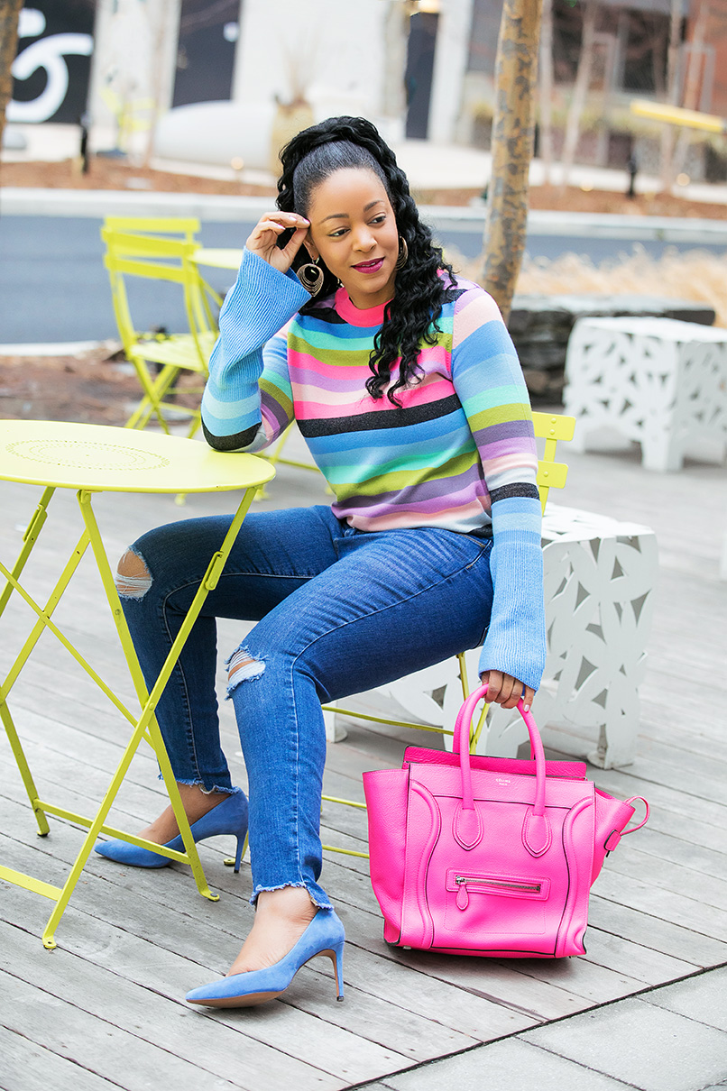 What's Haute outfit of the day: ASOS Sweater with Multi Stripe and Fluted Sleeves (and pastel rainbow stripes), Mossimo Light Wash Curvy Skinny Jeans with Knee Slits & Uneven Raw Hem, Gucci GG Marmont leather belt, Banana Republic Womens Madison 12-Hour Pump in Blue Suede, Celine Leather Luggage Nano bag in fluoro pink, rainbow days