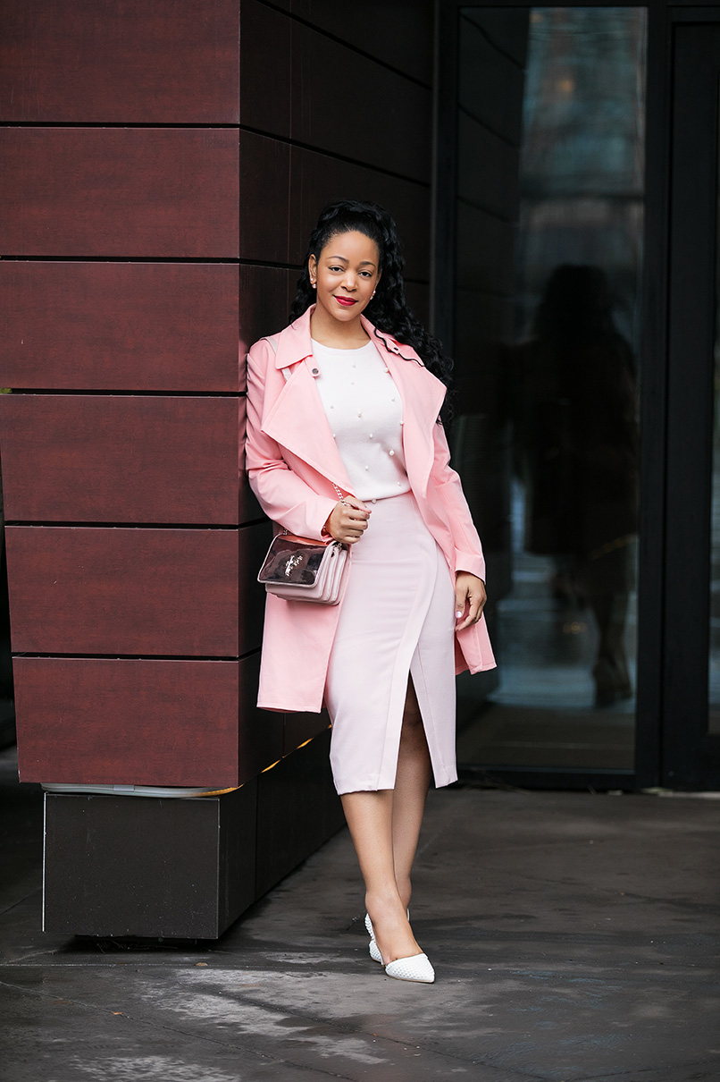 Pink Lady - What I'm wearing: Mural pink trench coat, Zara pearl-embellished shirt, NY & Company wrap-front skirt, French Connection Maggie Studded Leather Pumps, French Connection Ellis Studded Nubuck d'Orsay Pump, Rose gold crossbody bag, What's Haute outfit of the day