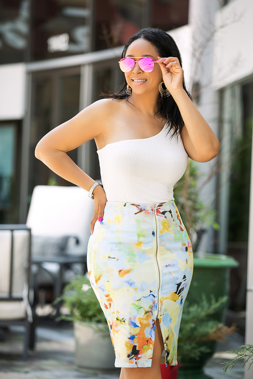 3 Keys to a Lit Life, What I'm wearing: H&M one-shoulder top, watercolor scuba bodycon skirt, Zara yellow leather moto jacket, citron yellow suede bow sandals