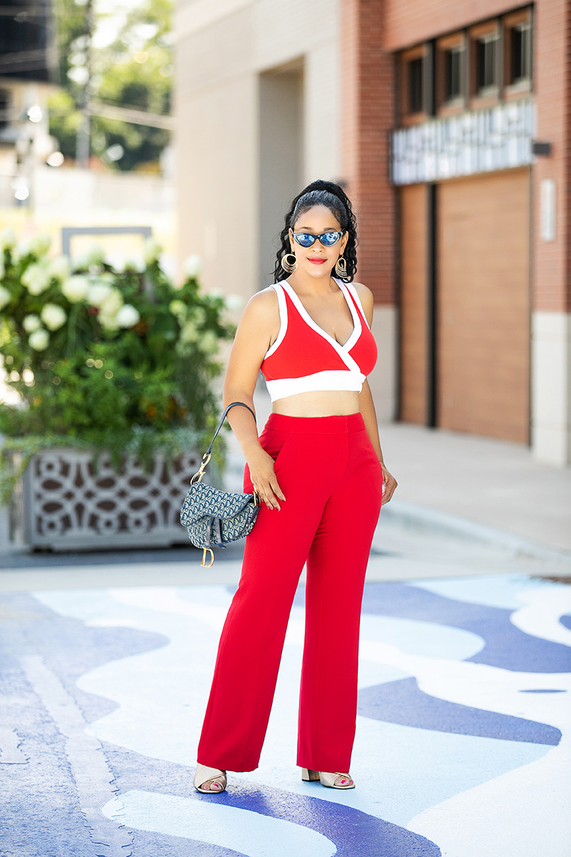I love the 90's fashion rebirth, Forever 21 Surplice Crop Top, red H&M suit pants, Dior Diorissimo Saddle bag, Topshop gold mules, fall 2018 fashion, what's haute
