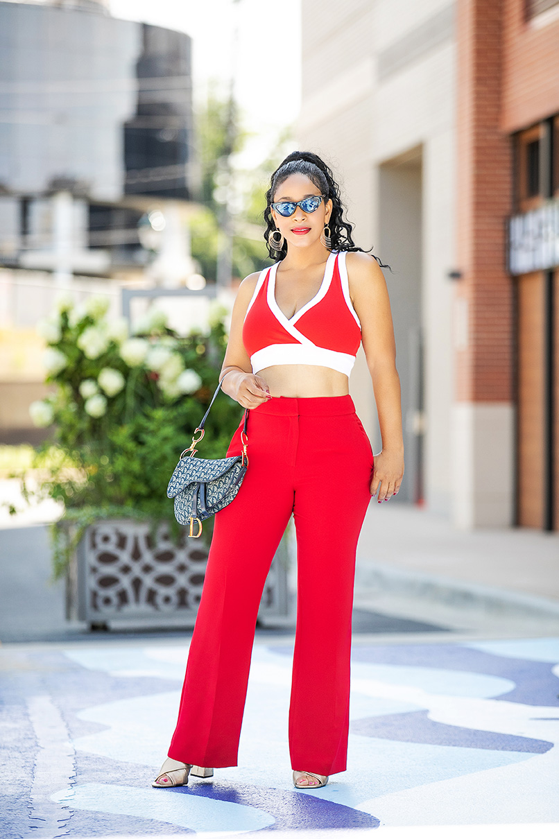I love the 90's fashion rebirth, Forever 21 Surplice Crop Top, Forever 21 tiny sunglasses, red H&M suit pants, Dior Diorissimo Saddle bag, Topshop gold mules, fall 2018 fashion, what's haute