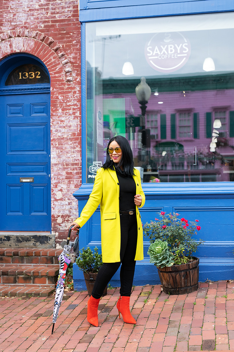 Wearing: Forever 21 Aviator Sunglasses, MSGM Coat, Love Moschino Pop Art Umbrella, Gucci Belt, H&M Pants, Red Suede Boots