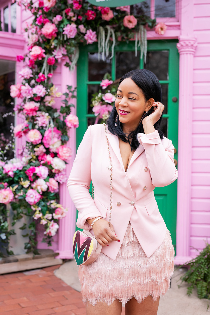 Keeping the Faith, What I'm Wearing: Pink blazer, pink BCBGMAXAZRIA Modie Tiered Fringe Skirt, Christian Louboutin Pigalle pumps, Maje heart belt bag