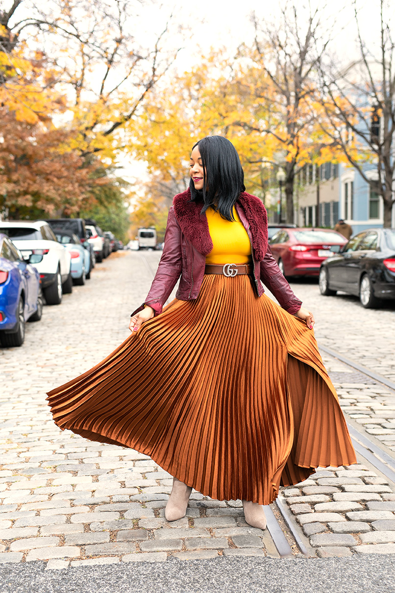 Happiness Looks Good on me, What I'm Wearing : Oxblood Leather Jacket,  Faux Fur Scarf, Torn by Ronny Kobo Mustard Yellow Peplum Top,  Gucci Marmont Leather belt with Double G buckle,  NY & Company Metallic Pleated Maxi Skirt,  Gap Tall Slouchy Suede Boots