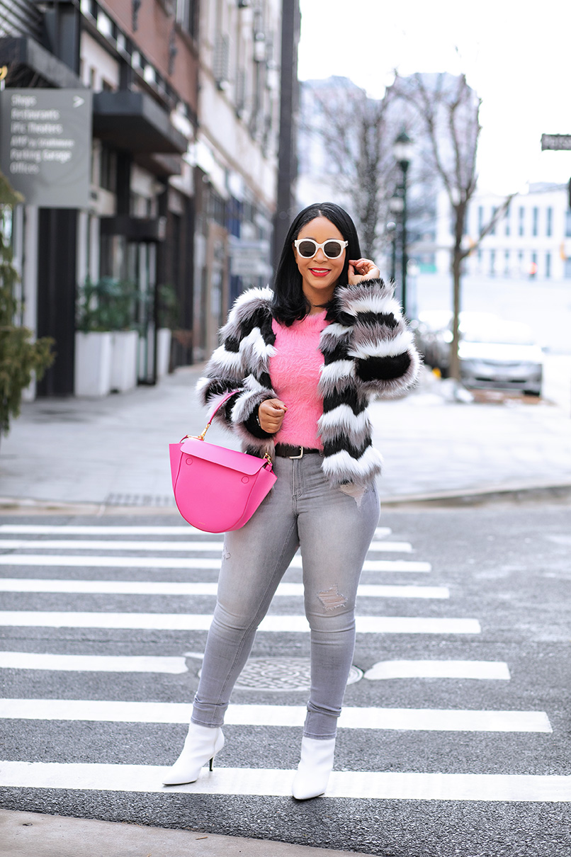 The Oddest Places to Shop, What I'm Wearing, OOTD, What's Haute, Dolce Cabo Chevron Faux Fur Coat, Wandler Hortensia bag bubblegum pink, H&M fluffy pink sweater, Express grey distressed jeans, Charlotte Russe White ankle boots, Gucci white sunglasses