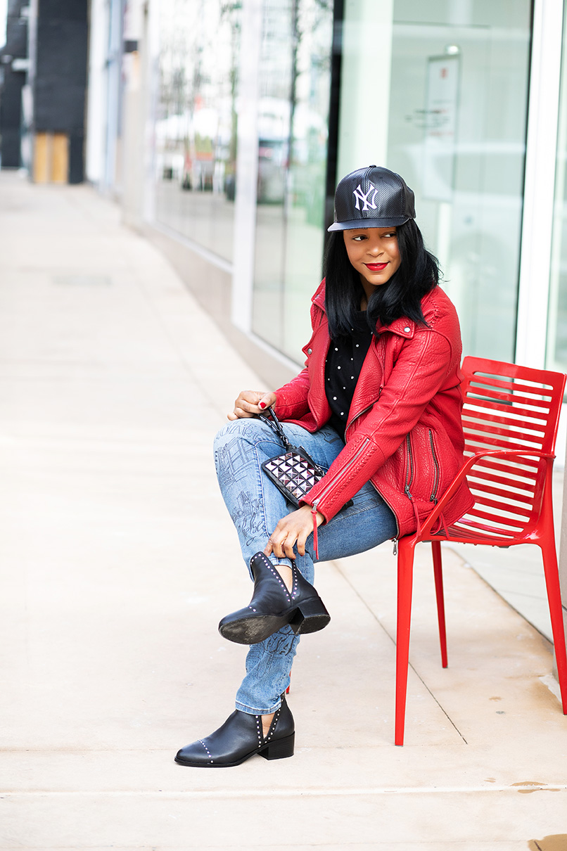 What's Haute, What I'm Wearing, New York Yankees Fitted Snapback, Rebecca Minkoff Brutus red Leather Jacket, Rent the Runway sample sale, Romeo & Juliet Couture Dome-Studded Crop Sweatshirt, NY&C Soho Jeans Graffiti-Print Skinny, Steve Madden Conspire Booties