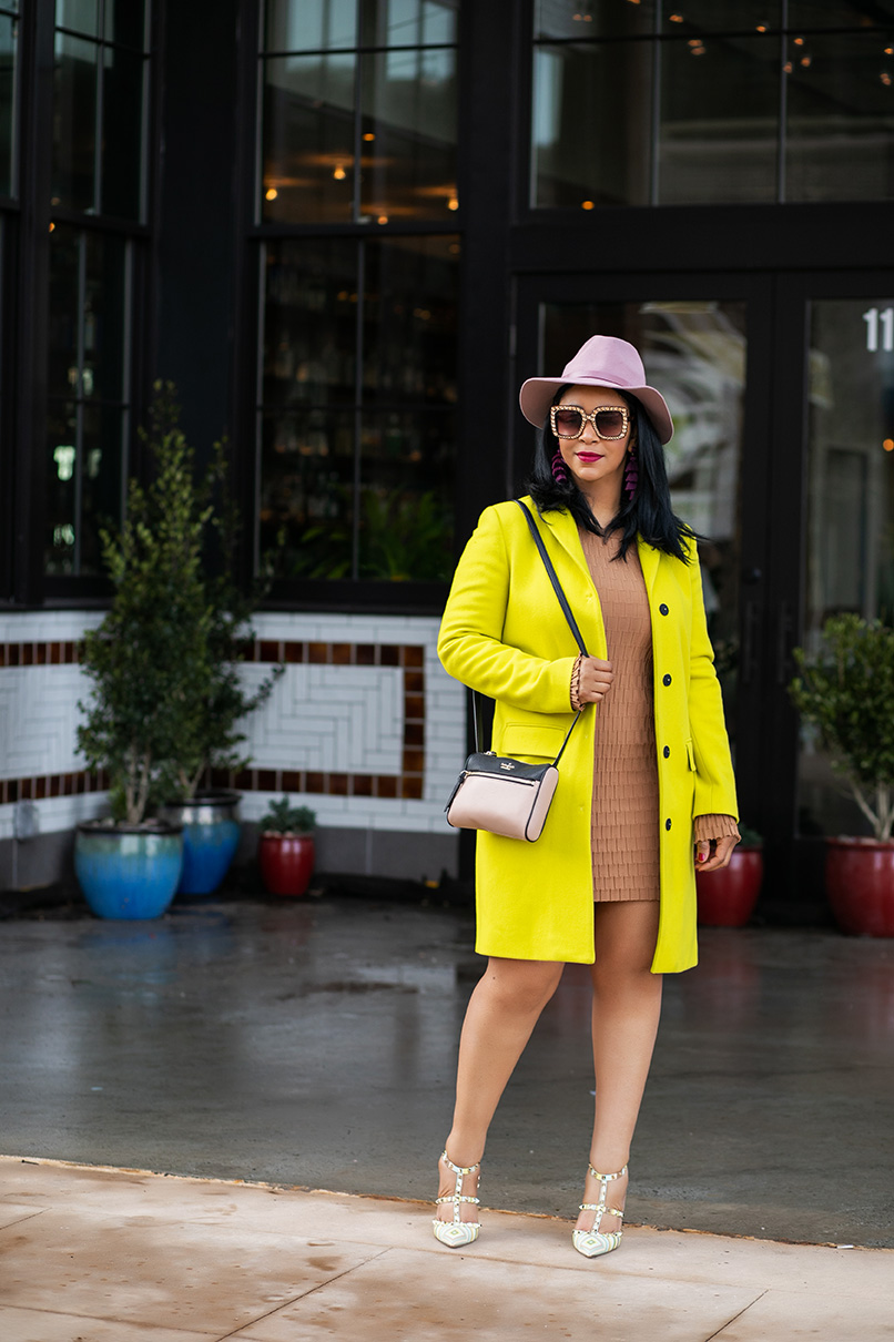 What's Haute, What I'm Wearing, Oversized Sunglasses for Women Square Thick Frame Bling Rhinestone Shades, Gap wool fedora, MSGM coat, H&M dress, Valentino Rockstud printed heels, Kate Spade crossbody bag, Outfit of the day, Neon trend, Neon and Neutrals
